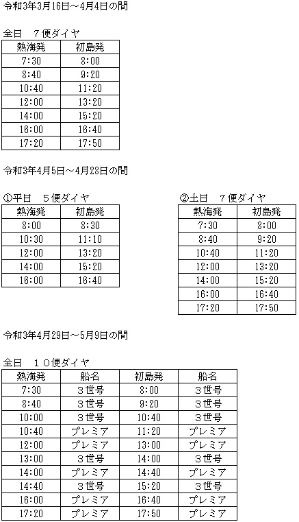 21年3月16日 火 21年5月9日 日 運航ダイヤについて 公式 初島に行こうよ